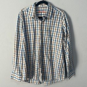 Alan Flusser blue brown plaid long sleeve button down shirt L